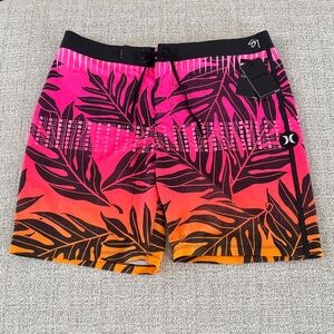 Hurley Men's Leaf Print Swim Shorts - Pink and Orange